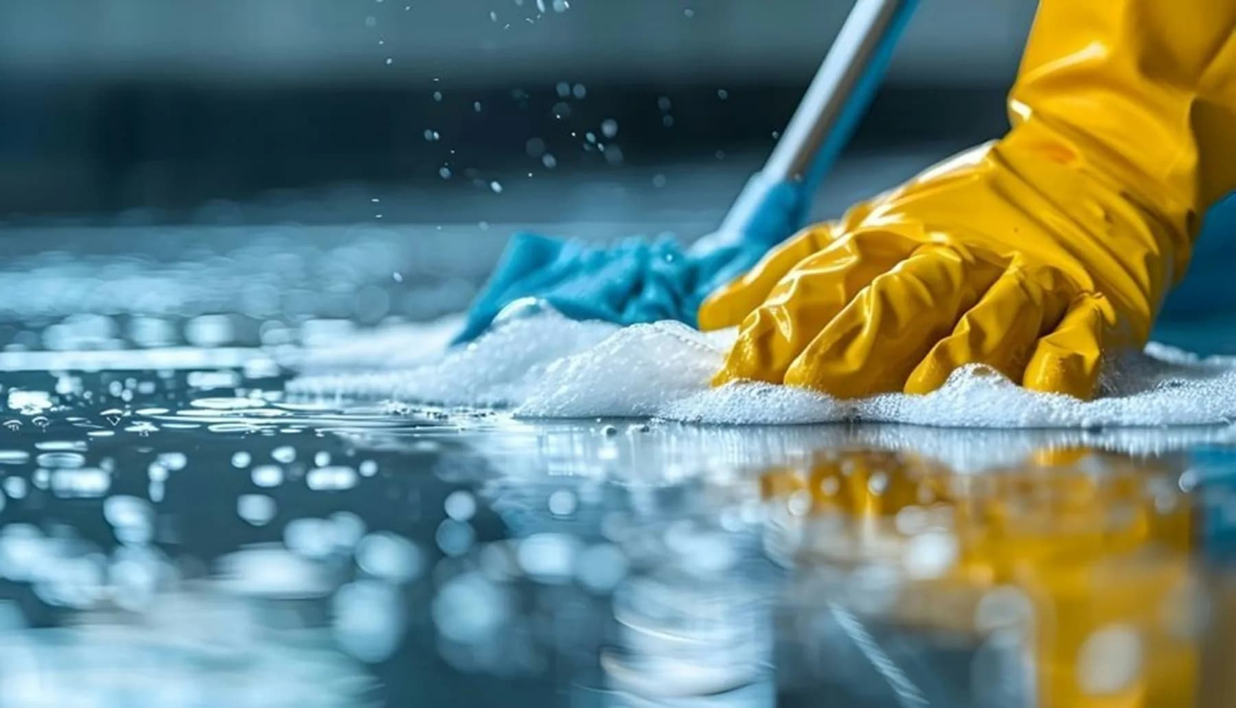Close-up of a gloved hand working a soapy microfibre mop across a hard floor, an example of commercial cleaning priced by the month