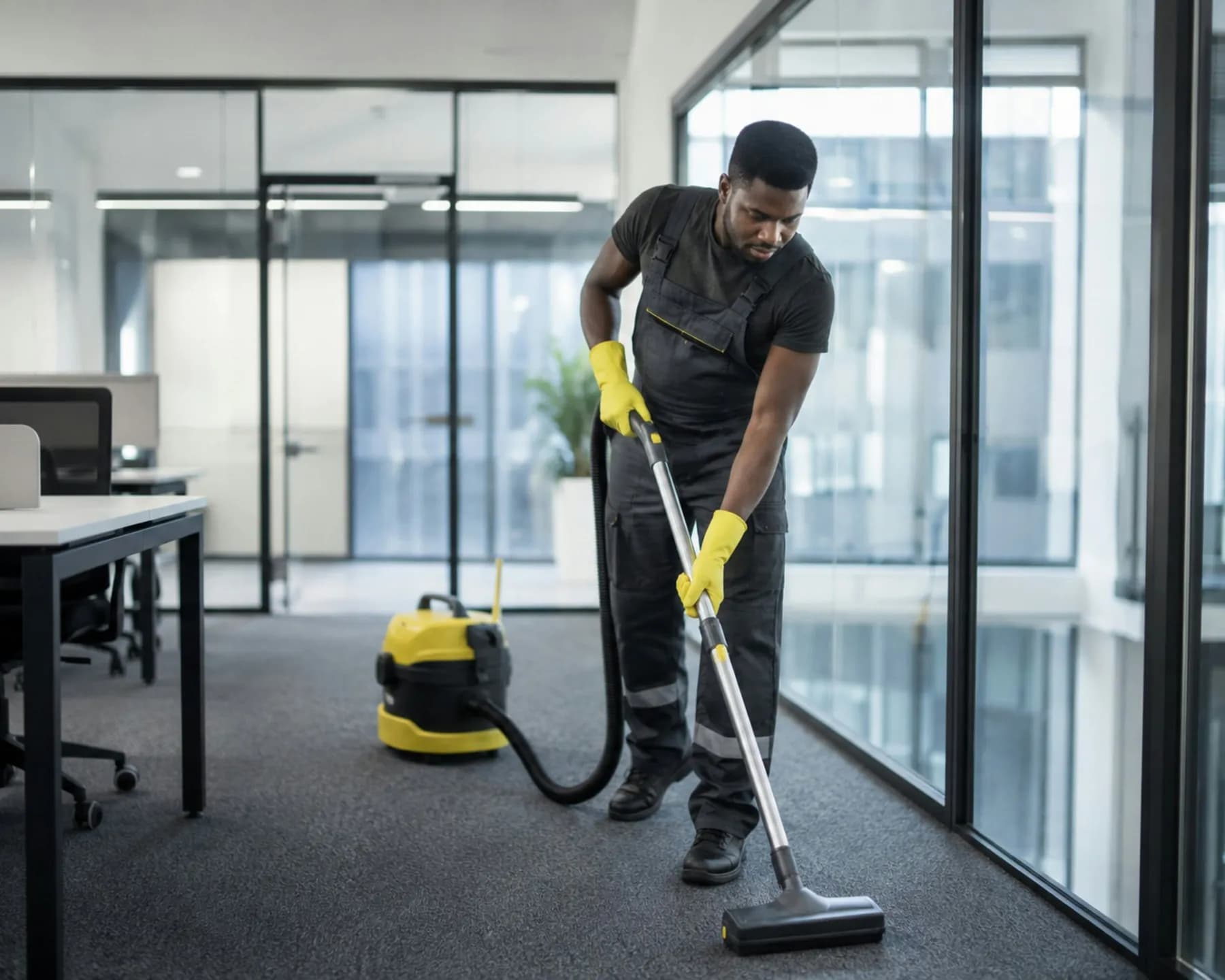 A cleaner vacuuming the carpet in an open-plan office with glass partition walls, an example of office cleaning